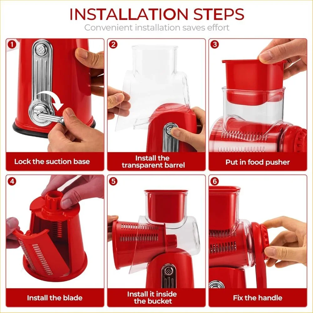 Rotary Cheese Grater w/Handle &5 Blades, Round Slicer & Vegetable Grater Red - Picture 5 of 8
